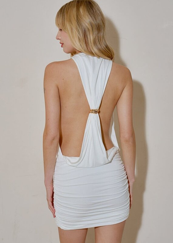 Draped Cowl Neck Ring Back Mini Dress