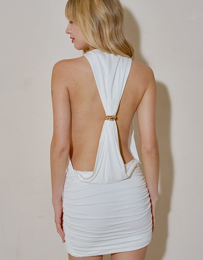Draped Cowl Neck Ring Back Mini Dress