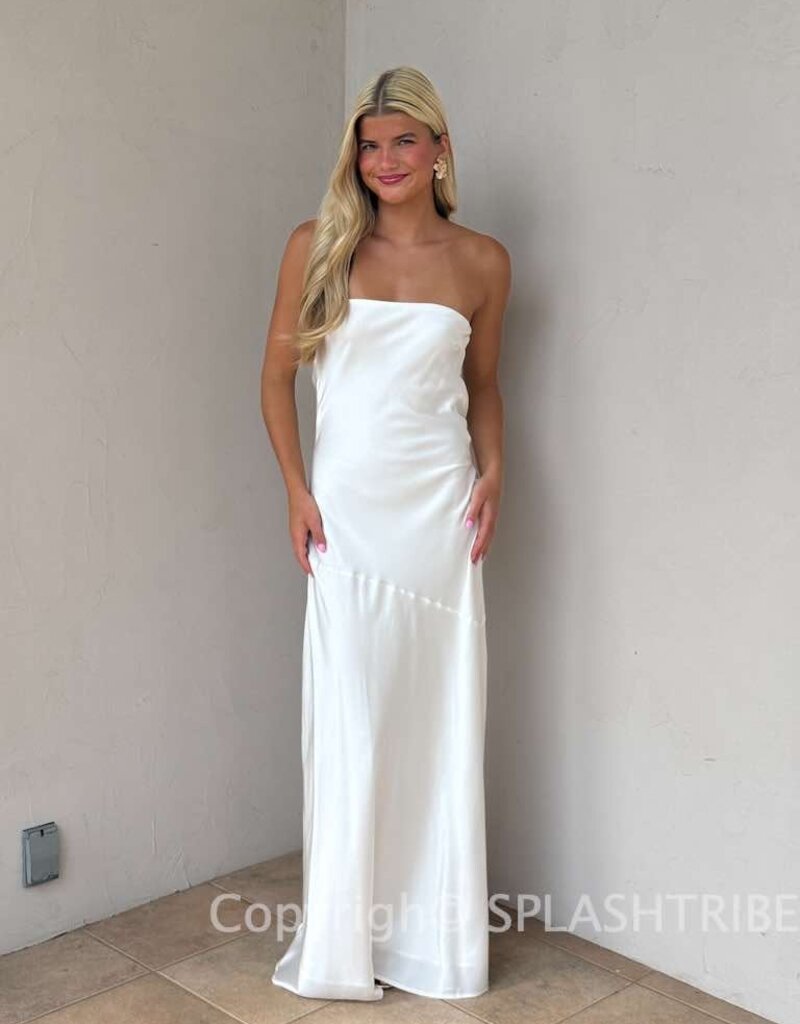 Strapless Satin Cowl Open Back Maxi Dress