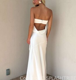 Strapless Satin Cowl Open Back Maxi Dress