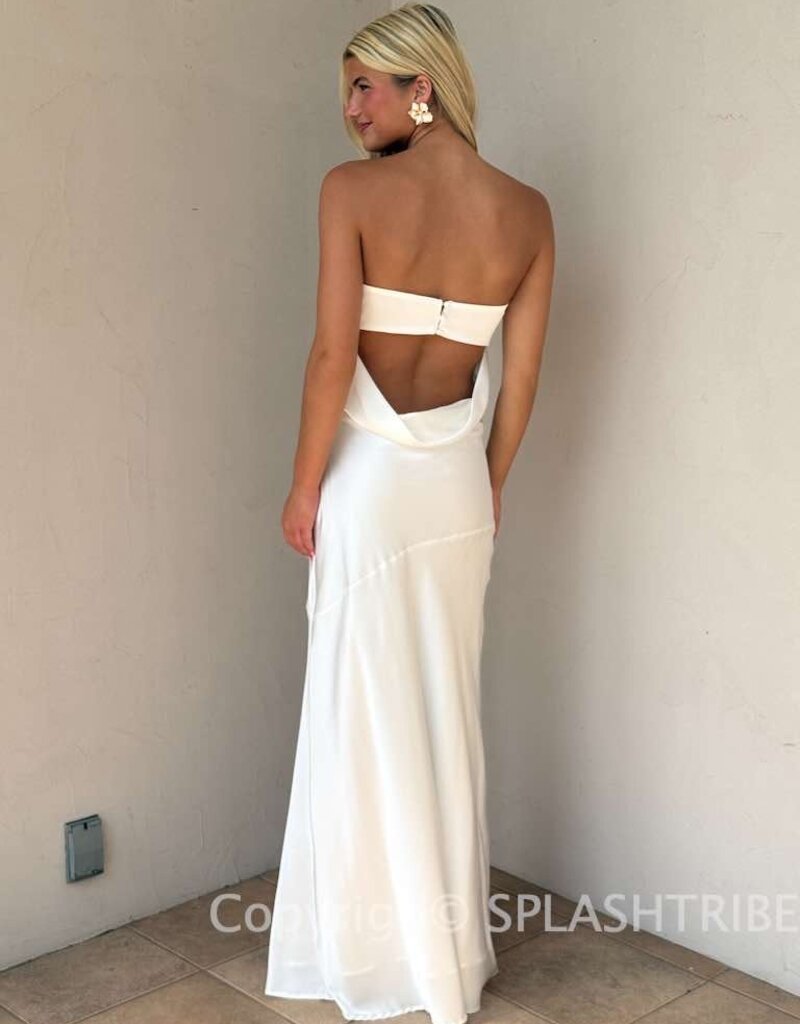 Strapless Satin Cowl Open Back Maxi Dress