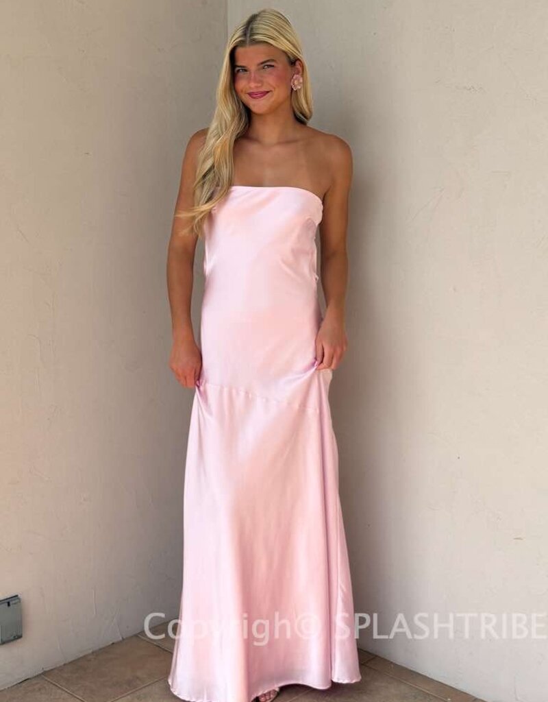 Strapless Satin Cowl Open Back Maxi Dress