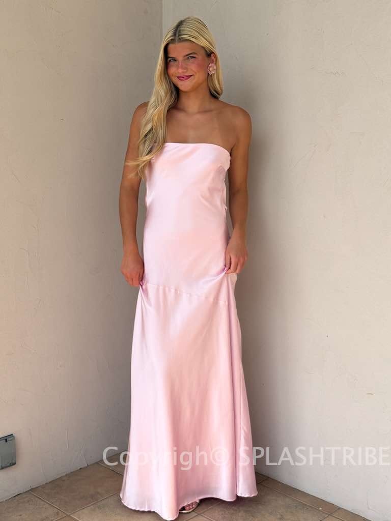 Strapless Satin Cowl Open Back Maxi Dress - SPLASH