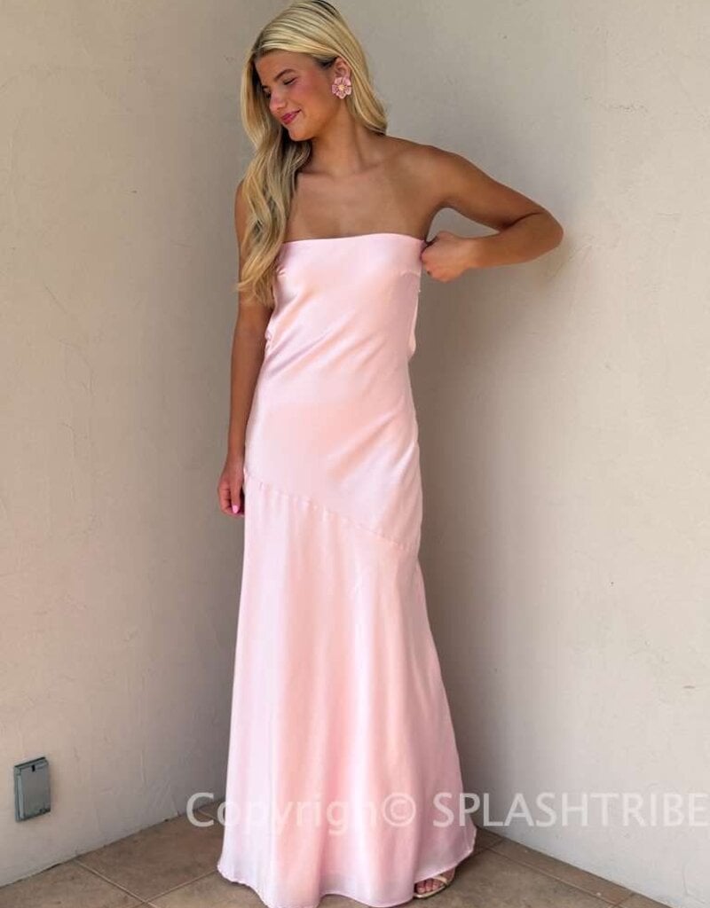 Strapless Satin Cowl Open Back Maxi Dress