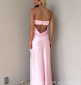 Strapless Satin Cowl Open Back Maxi Dress