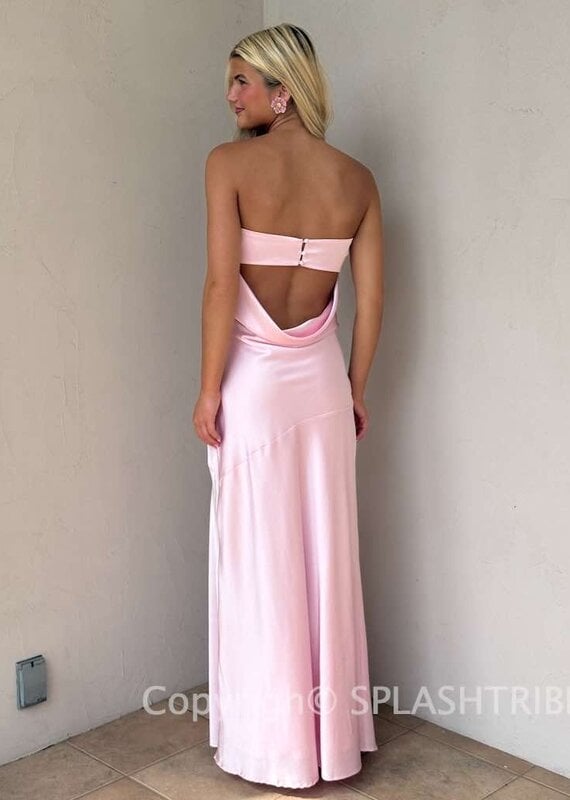 Strapless Satin Cowl Open Back Maxi Dress