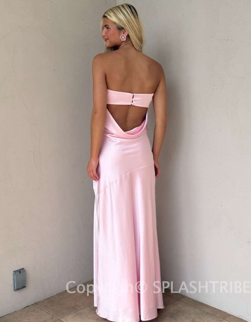 Strapless Satin Cowl Open Back Maxi Dress