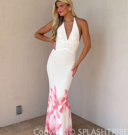 Halter Bead Sequin Floral Hem Maxi Dress