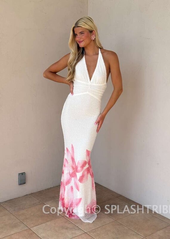 Halter Bead Sequin Floral Hem Maxi Dress