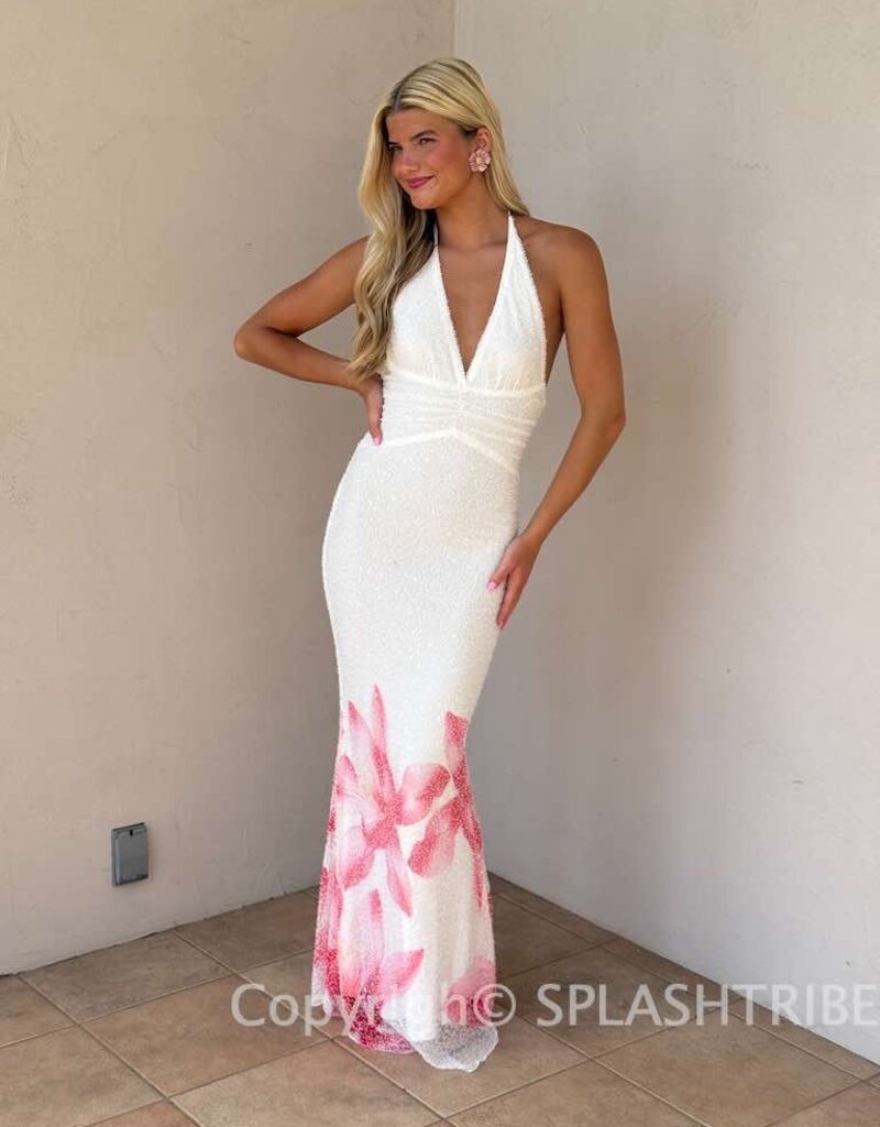 Halter Bead Sequin Floral Hem Maxi Dress