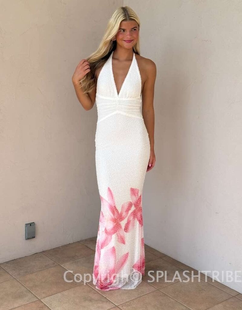 Halter Bead Sequin Floral Hem Maxi Dress