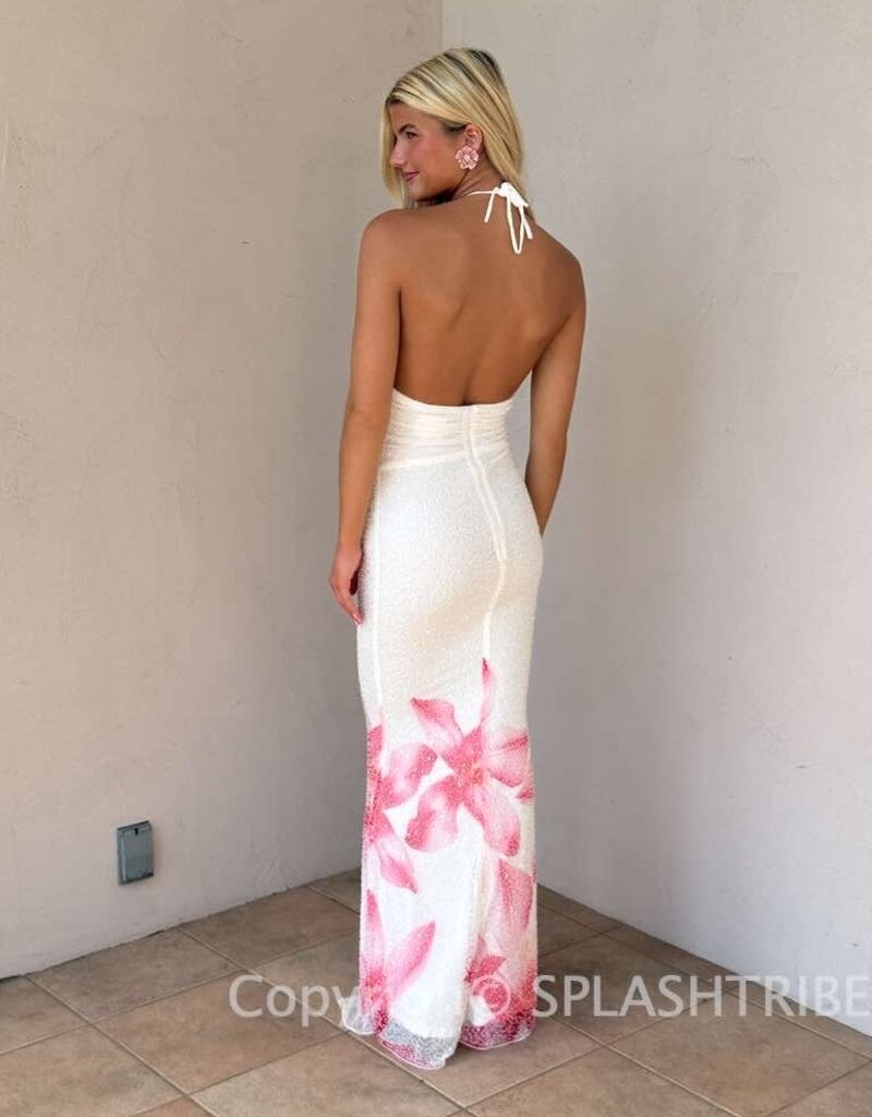 Halter Bead Sequin Floral Hem Maxi Dress