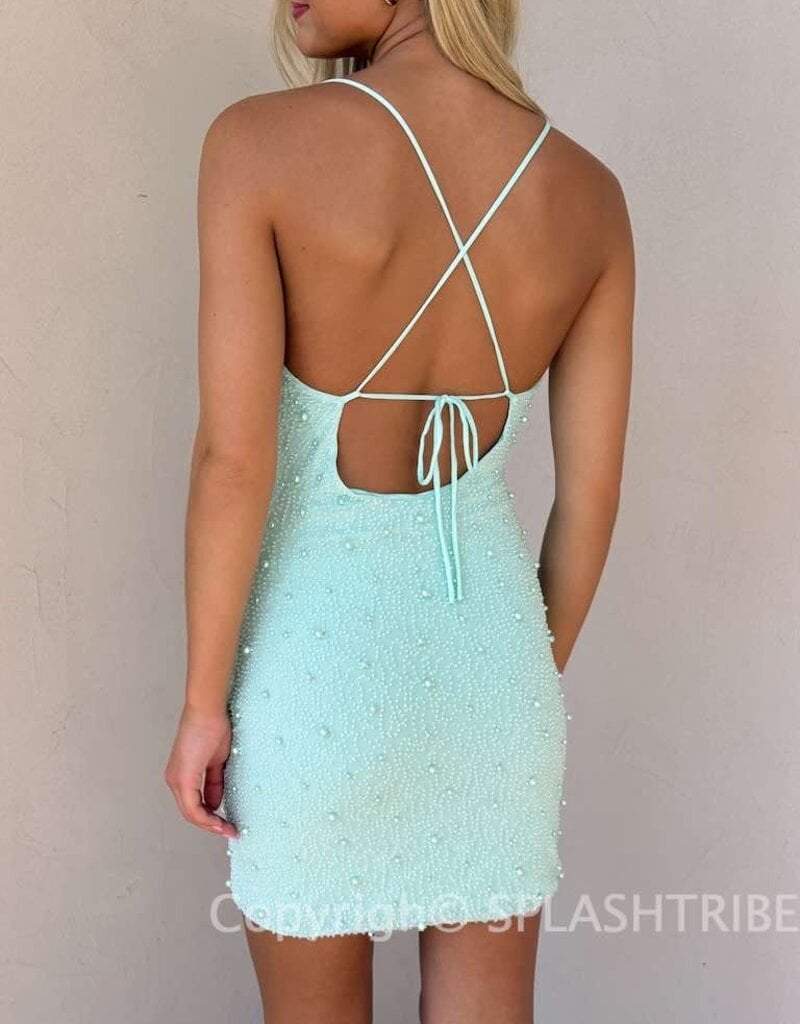 Pearl Bead Spaghetti Strap Mini Dress
