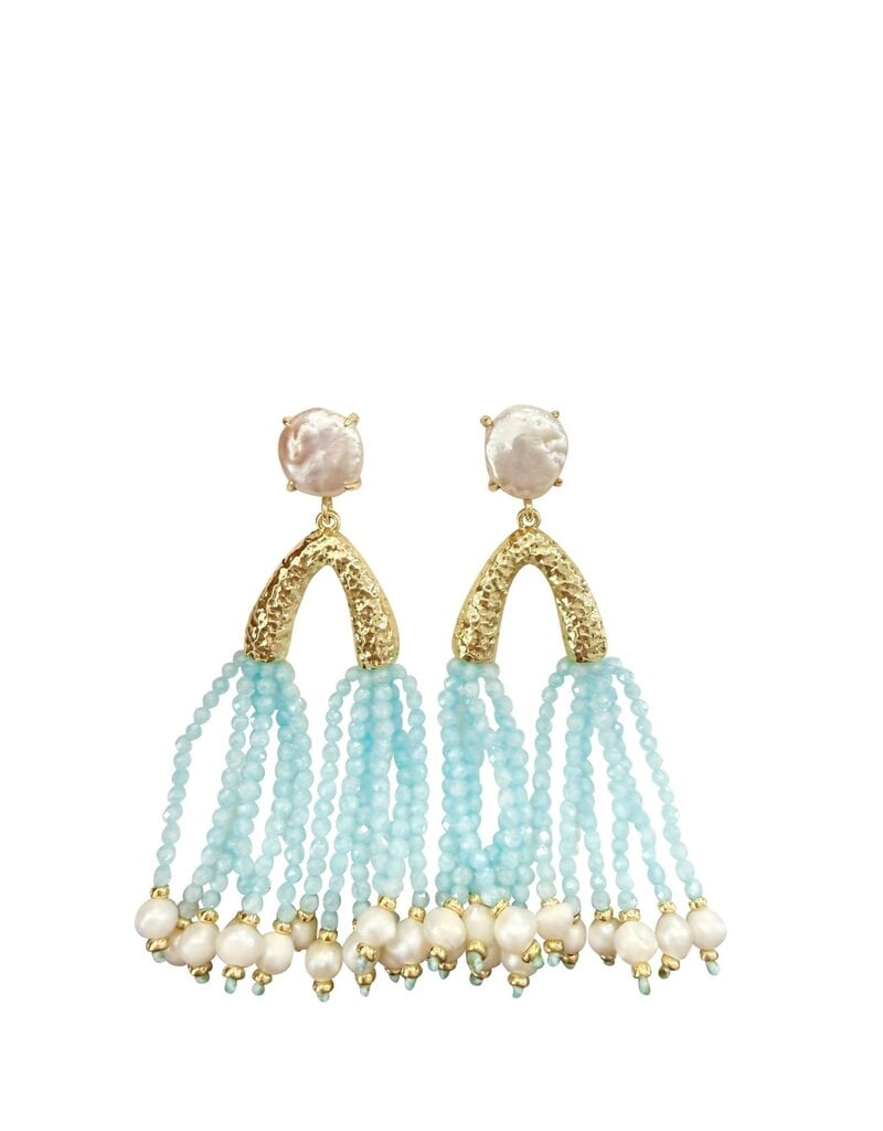 Paris Pearl Beaded Tassel Earrings Light Blue