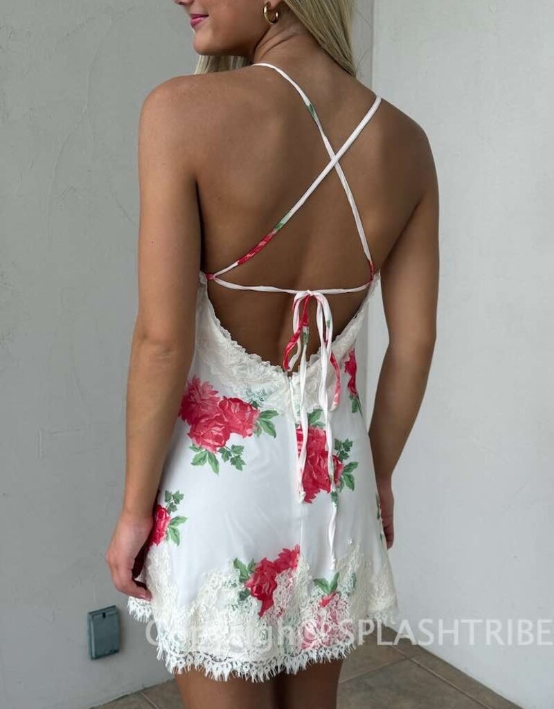Red Rose Backless Wide Lace Mini Dress