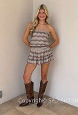 Vintage Chevron Smocked Waist Strapless Mini Dress