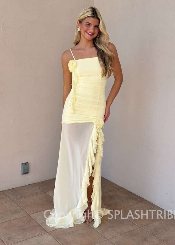 Eziya Ruched Frill Trim Maxi Dress