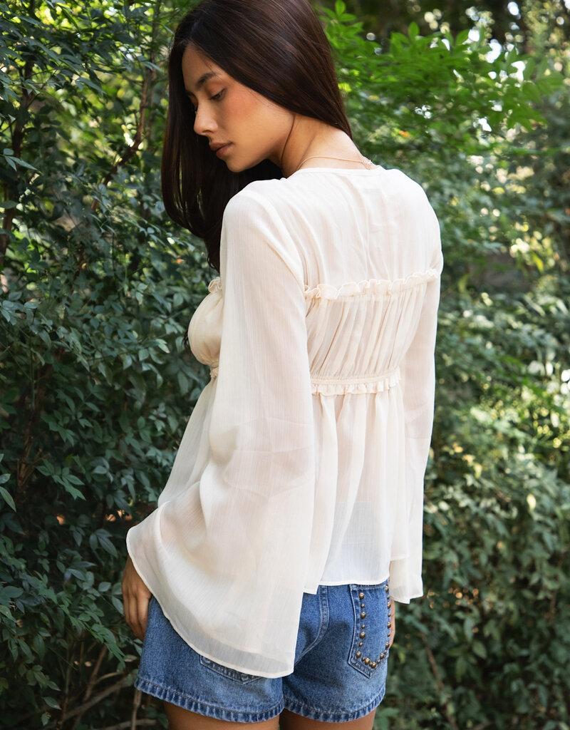 Sheer Chiffon Front Tie Flare Long Sleeve Top