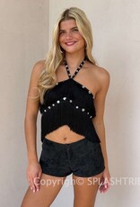 Cropped V Cut Fringe Tassel Halter Top