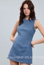 Denim Fitted Sleeveless Shift Mini Dress With Built In Shorts
