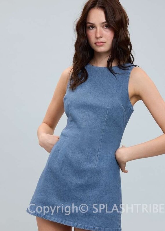 Denim Fitted Sleeveless Shift Mini Dress With Built In Shorts
