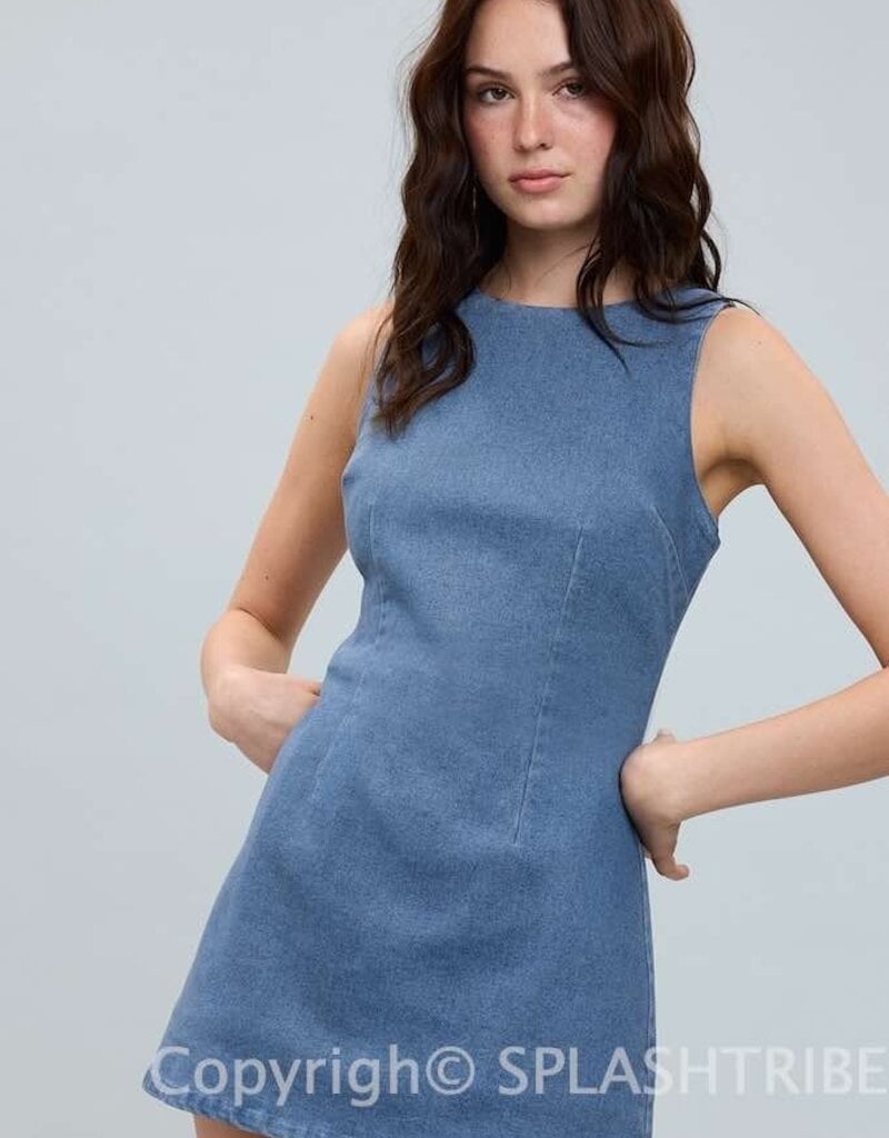 Denim Fitted Sleeveless Shift Mini Dress With Built In Shorts