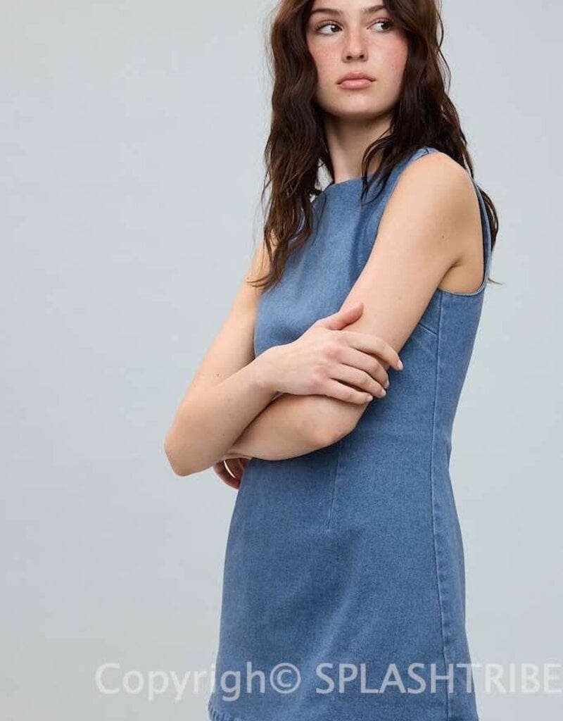 Denim Fitted Sleeveless Shift Mini Dress With Built In Shorts