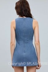 Denim Fitted Sleeveless Shift Mini Dress With Built In Shorts