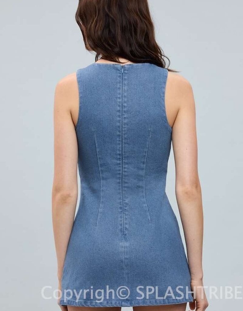 Denim Fitted Sleeveless Shift Mini Dress With Built In Shorts