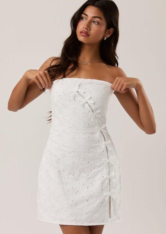 Eyelet Strapless Bow Detail Mini Dress