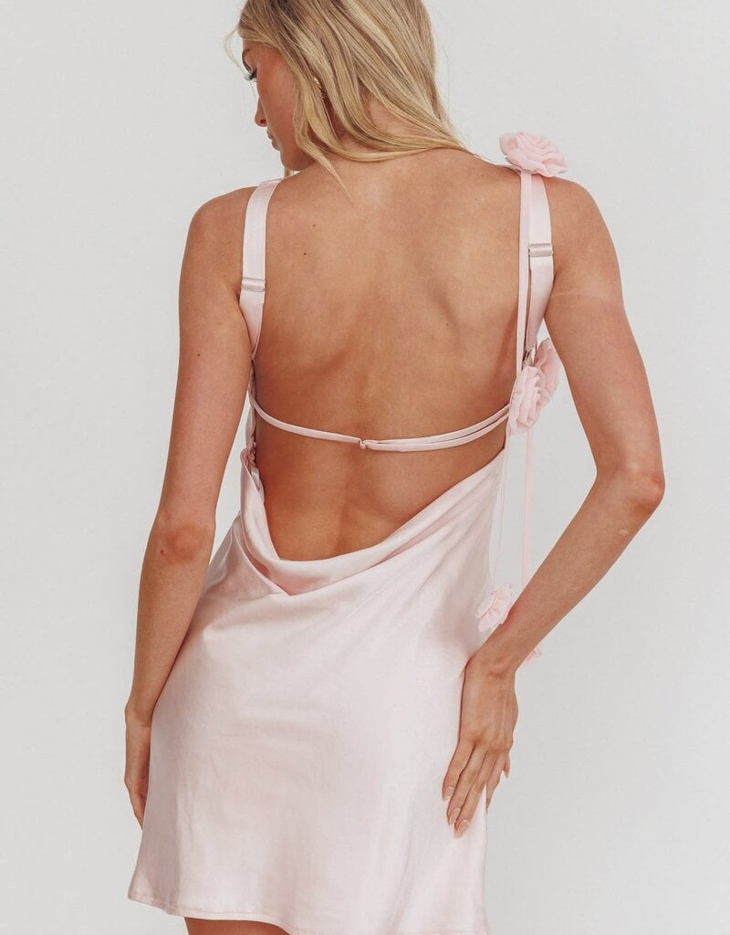 Satin Boat Neck 3D Rosette Frill Mini Dress