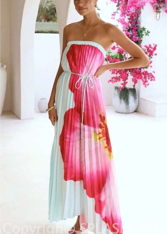 Bold Floral Strapless Flowy Maxi Dress