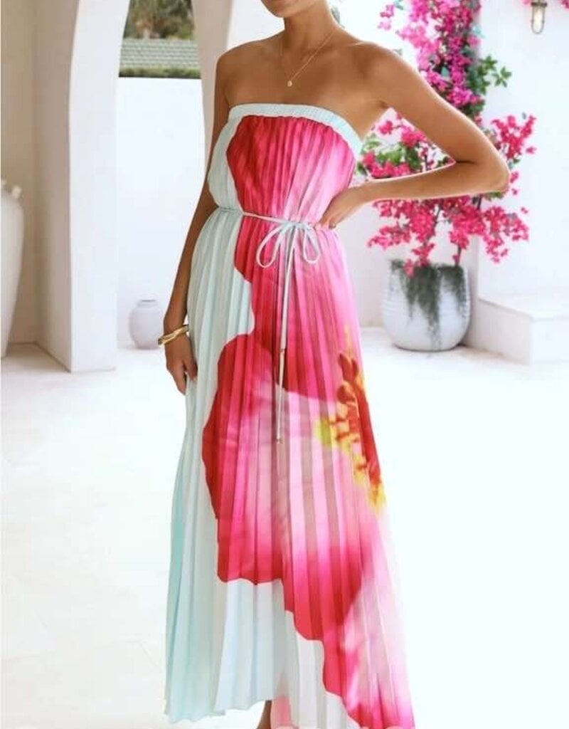 Bold Floral Strapless Flowy Maxi Dress