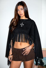 Faux Suede Cropped Flowy Fringe Poncho