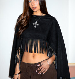 Faux Suede Cropped Flowy Fringe Poncho