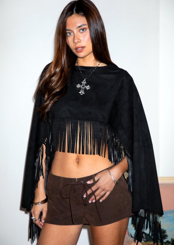 Faux Suede Cropped Flowy Fringe Poncho