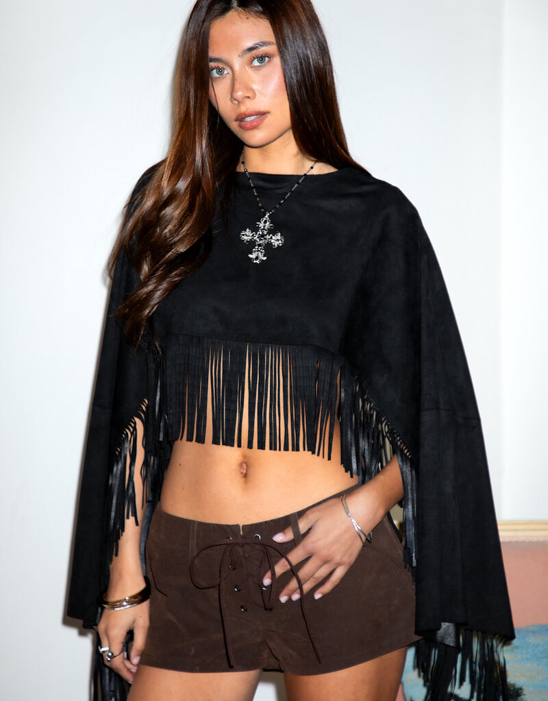 Faux Suede Cropped Flowy Fringe Poncho