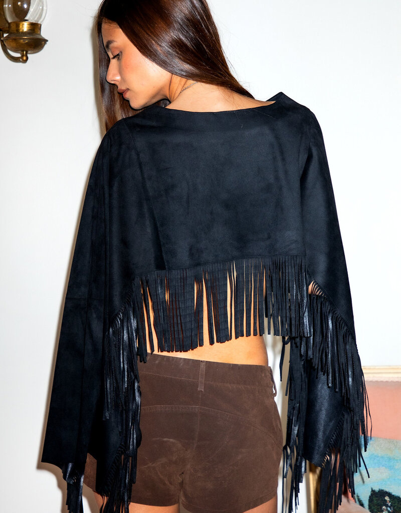 Faux Suede Cropped Flowy Fringe Poncho