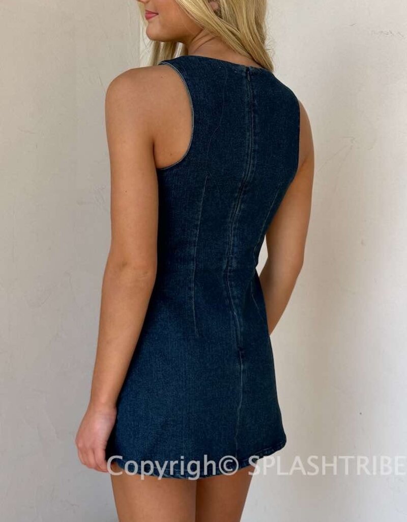 Denim Fitted Sleeveless Shift Mini Dress With Built In Shorts