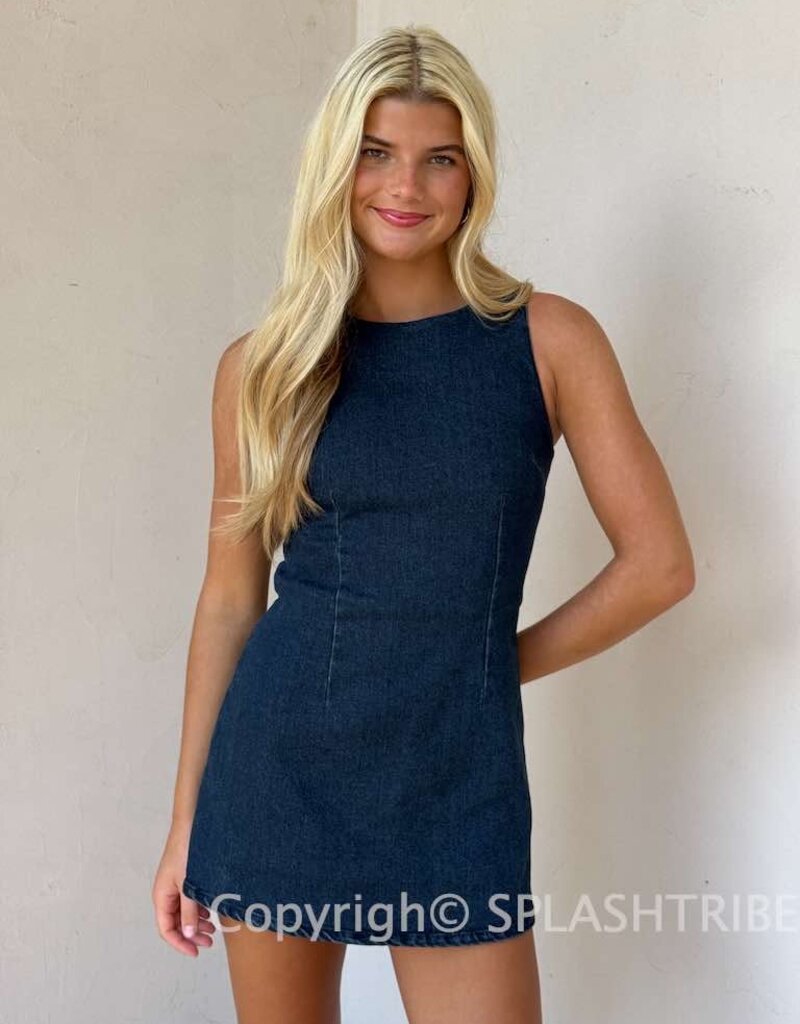 Denim Fitted Sleeveless Shift Mini Dress With Built In Shorts