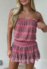 Vintage Chevron Smocked Waist Strapless Mini Dress