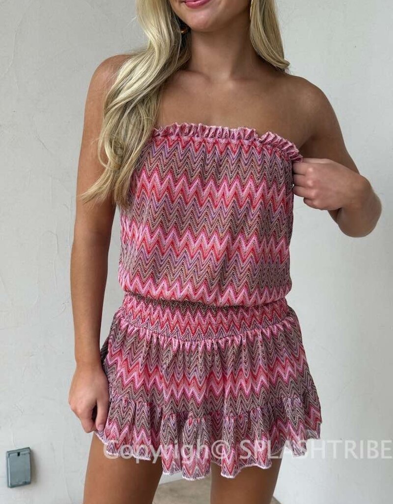 Vintage Chevron Smocked Waist Strapless Mini Dress