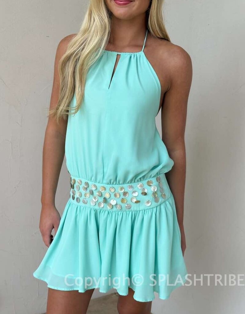 Shell Waist Halter Open Back Mini Dress