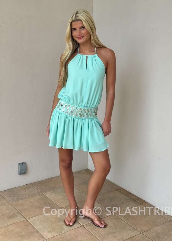 Shell Waist Halter Open Back Mini Dress
