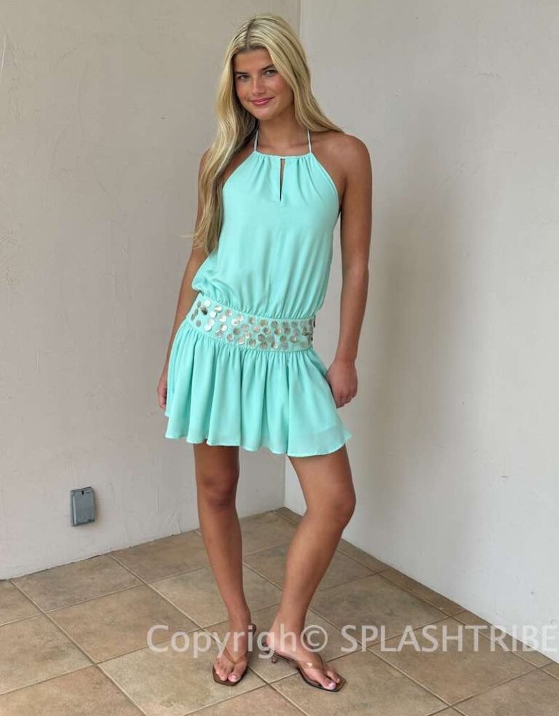 Shell Waist Halter Open Back Mini Dress