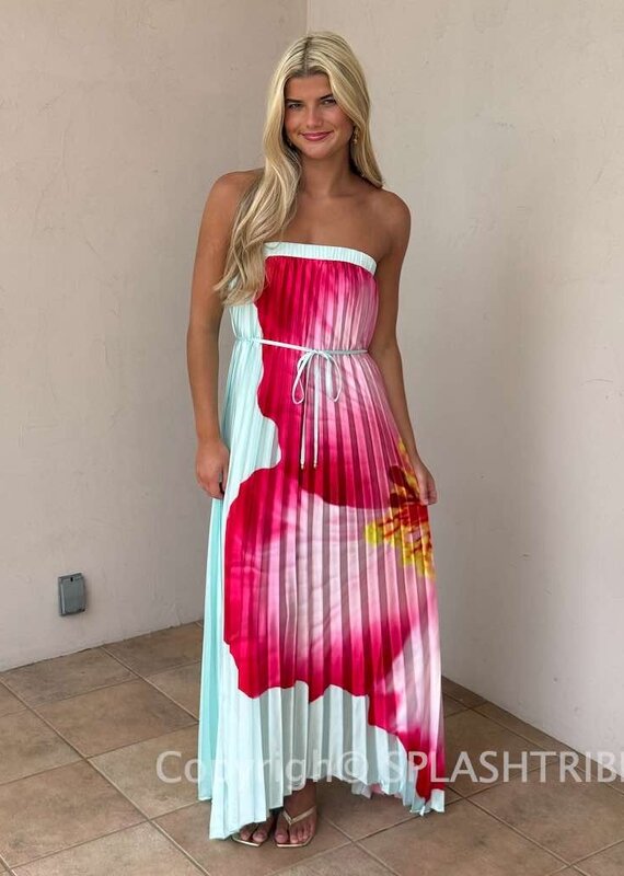 Bold Floral Strapless Flowy Maxi Dress