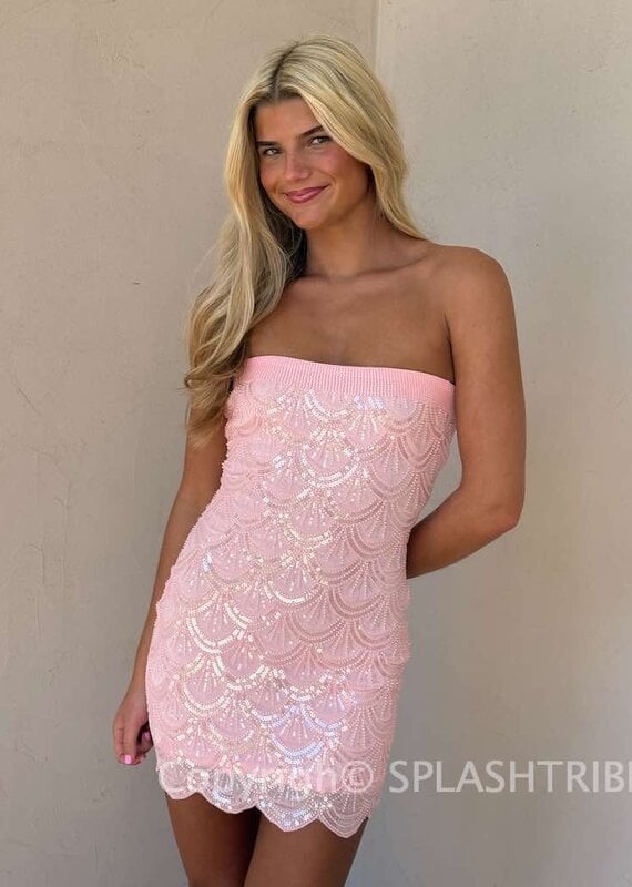 Strapless Beaded Scalloped Edge Mini Dress