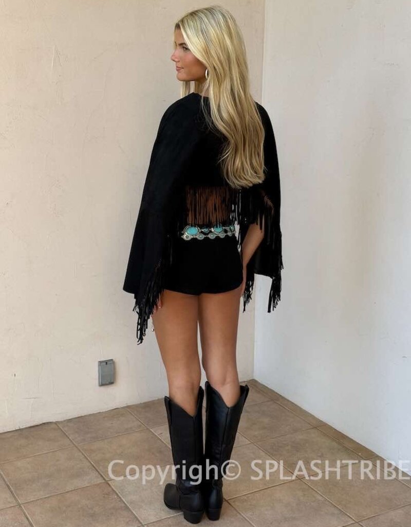 Faux Suede Cropped Flowy Fringe Poncho