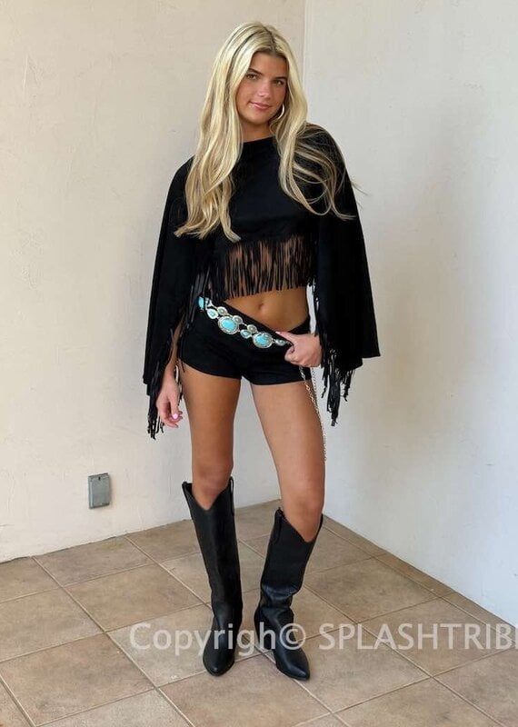 Faux Suede Cropped Flowy Fringe Poncho
