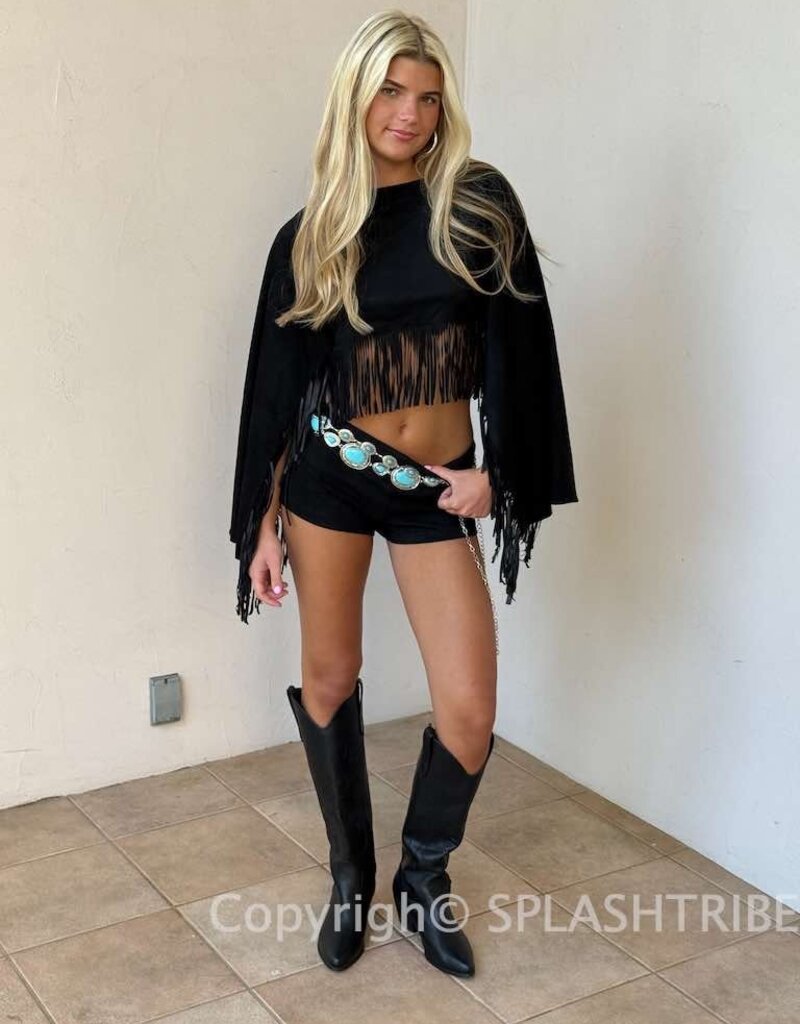 Faux Suede Cropped Flowy Fringe Poncho